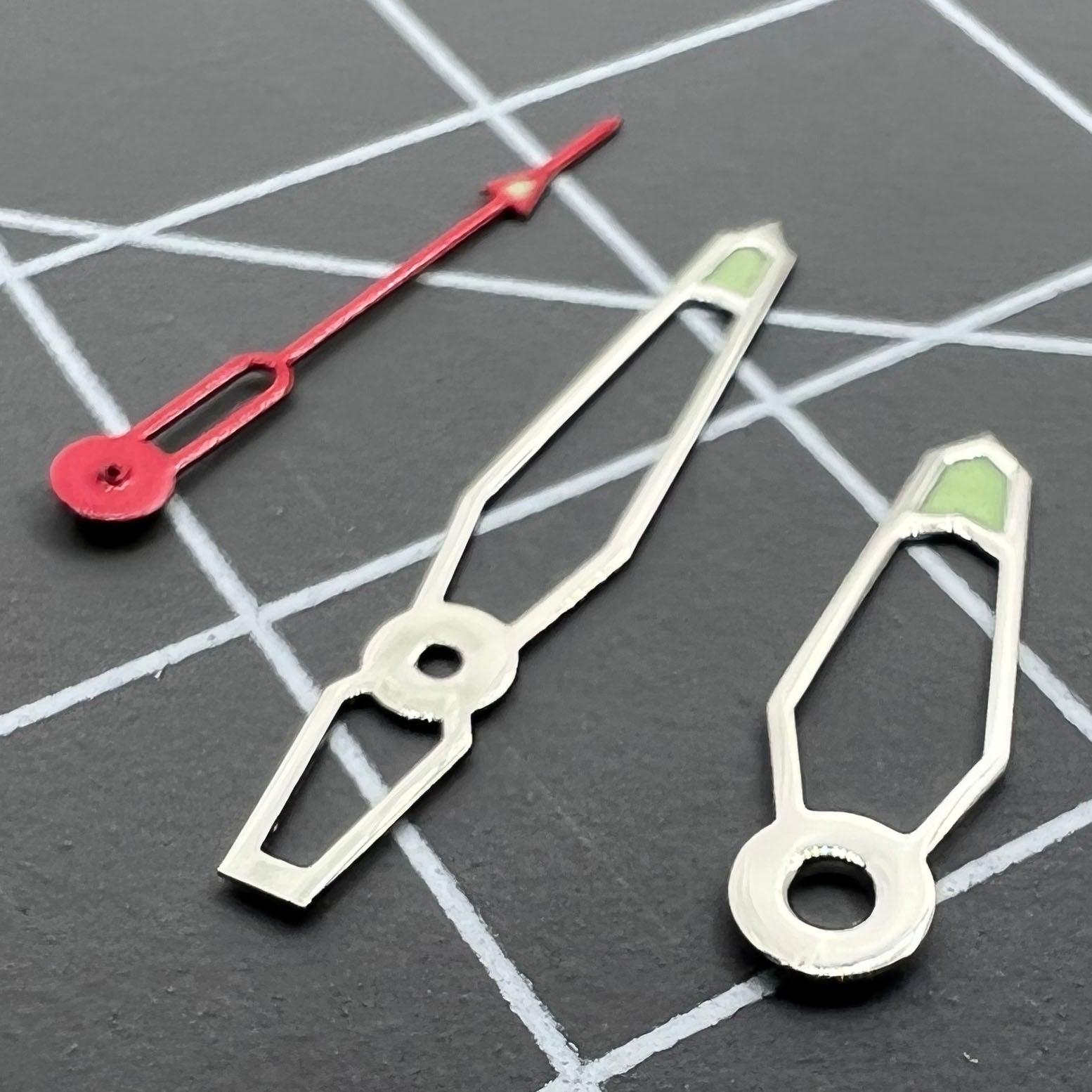Hollow green luminous watch hands set compatible with Miyota 2035, 2115, 2105, 2305 movements for easy time reading in the dark.