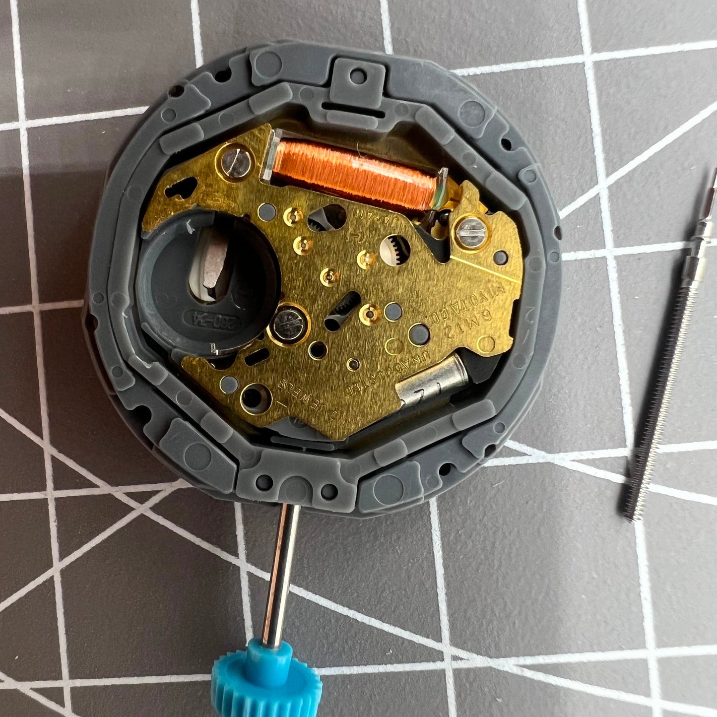 Miyota 6M12 quartz watch movement with date at 3, three-hand design, Japan precision by Citizen.