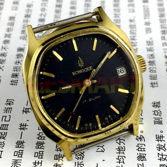 34mm Kongque black manual mechanical watch with single calendar, 17 jewels, precision craftsmanship.