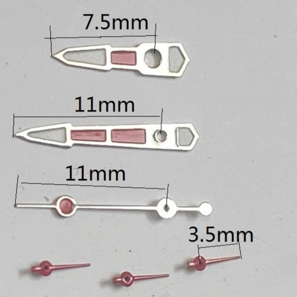 11mm red painted watch hands with silver trim, compatible with Miyota OS10 OS20 OS30 movements, brand quality.