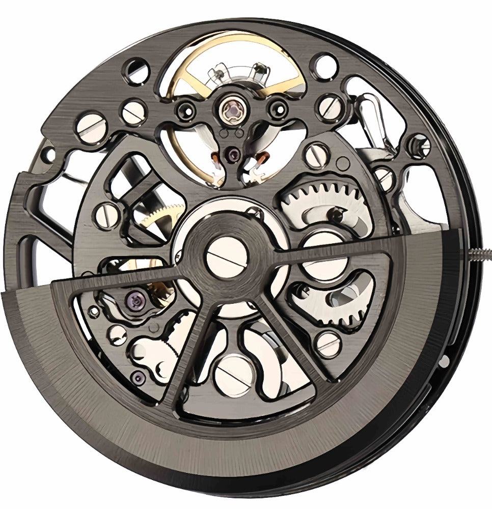 Hangzhou Round Black 1A09D watch with carved hollow dial, automatic mechanical movement, 3-hand display by Hangzhou.