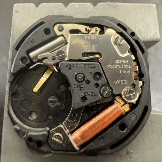 Japan Made Epson VX39 quartz watch repair part displaying 3 hands and single calendar function for precise timekeeping.