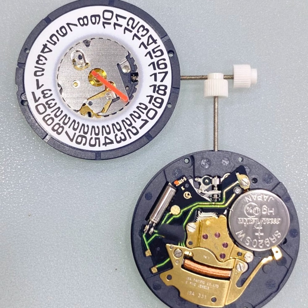 Swiss Made ISA331 quartz watch movement with three hands and calendar date at 3 o'clock position.