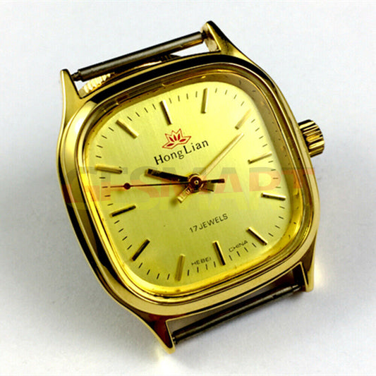 HONGLIAN 34mm manual mechanical watch with golden square case and nail markers, 3-hand design.