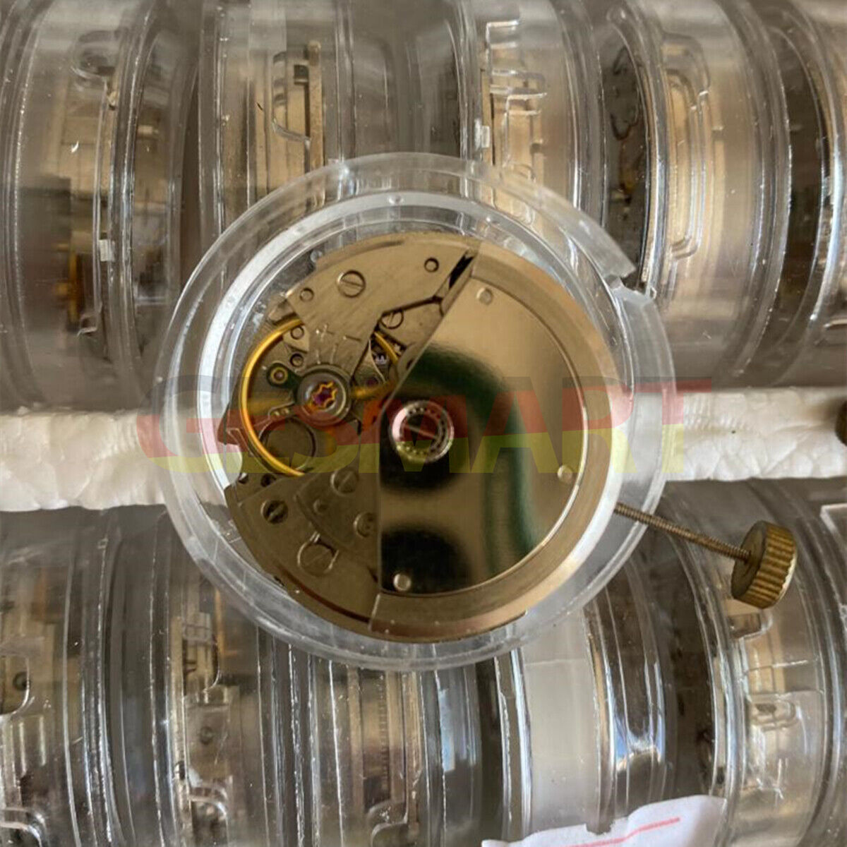 Close-up of China Shanghai 7753 automatic mechanical watch movement for disassembled practice and repair.