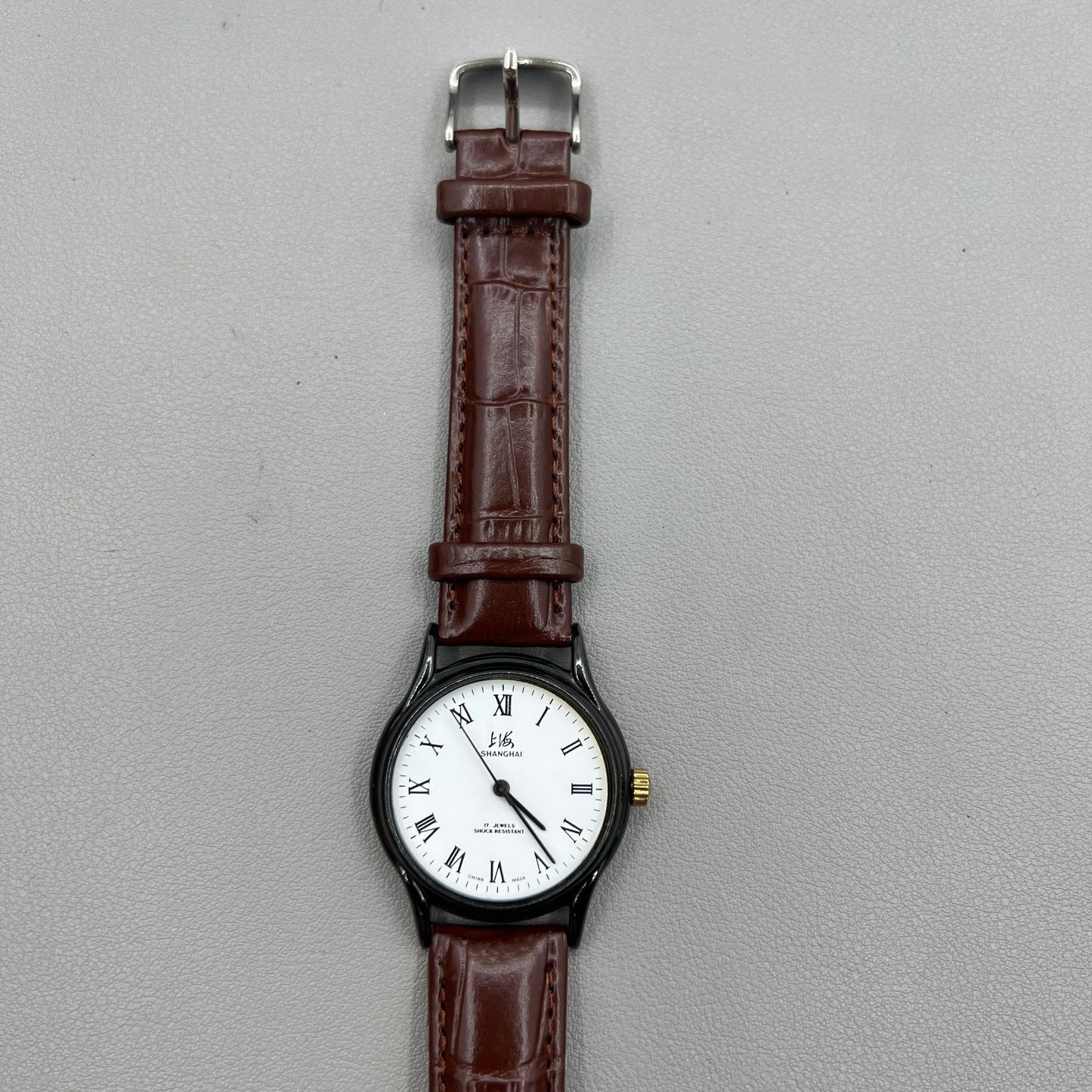 37mm Shanghai Brown Leather Strap Manual Mechanical Watch Roman Numerals 17 Jews