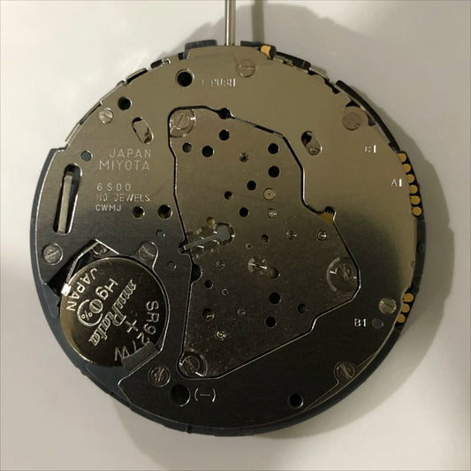 Japan-made Miyota 6S00 quartz watch part with 6 hands, day-date function for precise timekeeping.