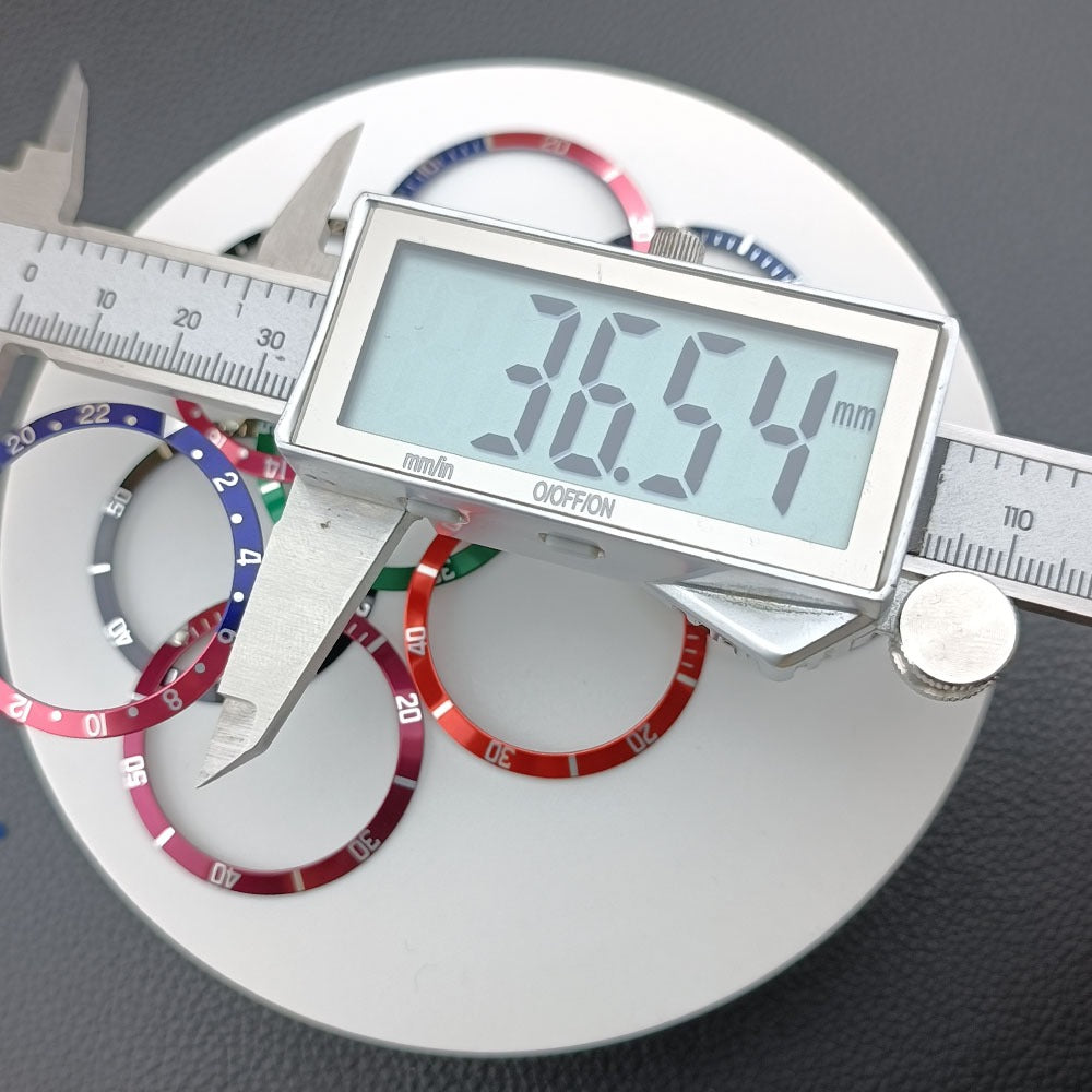 Dark red 36.5/30.7mm aluminum watch bezel with green lume and white font, ideal for stylish upgrades.