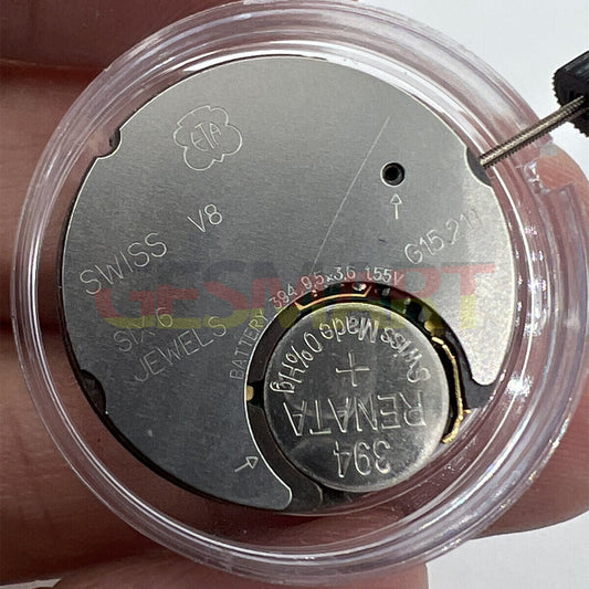 ETA G15.211 Swiss quartz watch movement with 3 hands and date at 4 o'clock, precision timekeeping.