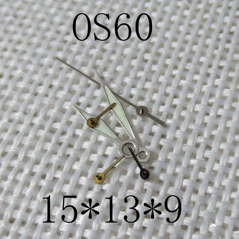 Silver-trimmed green luminescent watch hands by Brand, sized 15x13x9mm for Miyota OS60 movement.