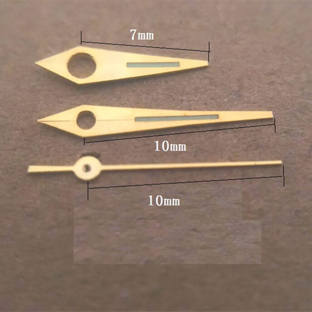 Golden trim arrow-shaped lume watch hands for Miyota 8200, enhancing precision and style.