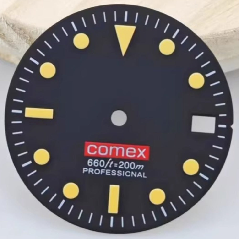 28.5mm Comex green lume watch dial for NH35/NH36/4R35 movement, durable and luminous accessory.