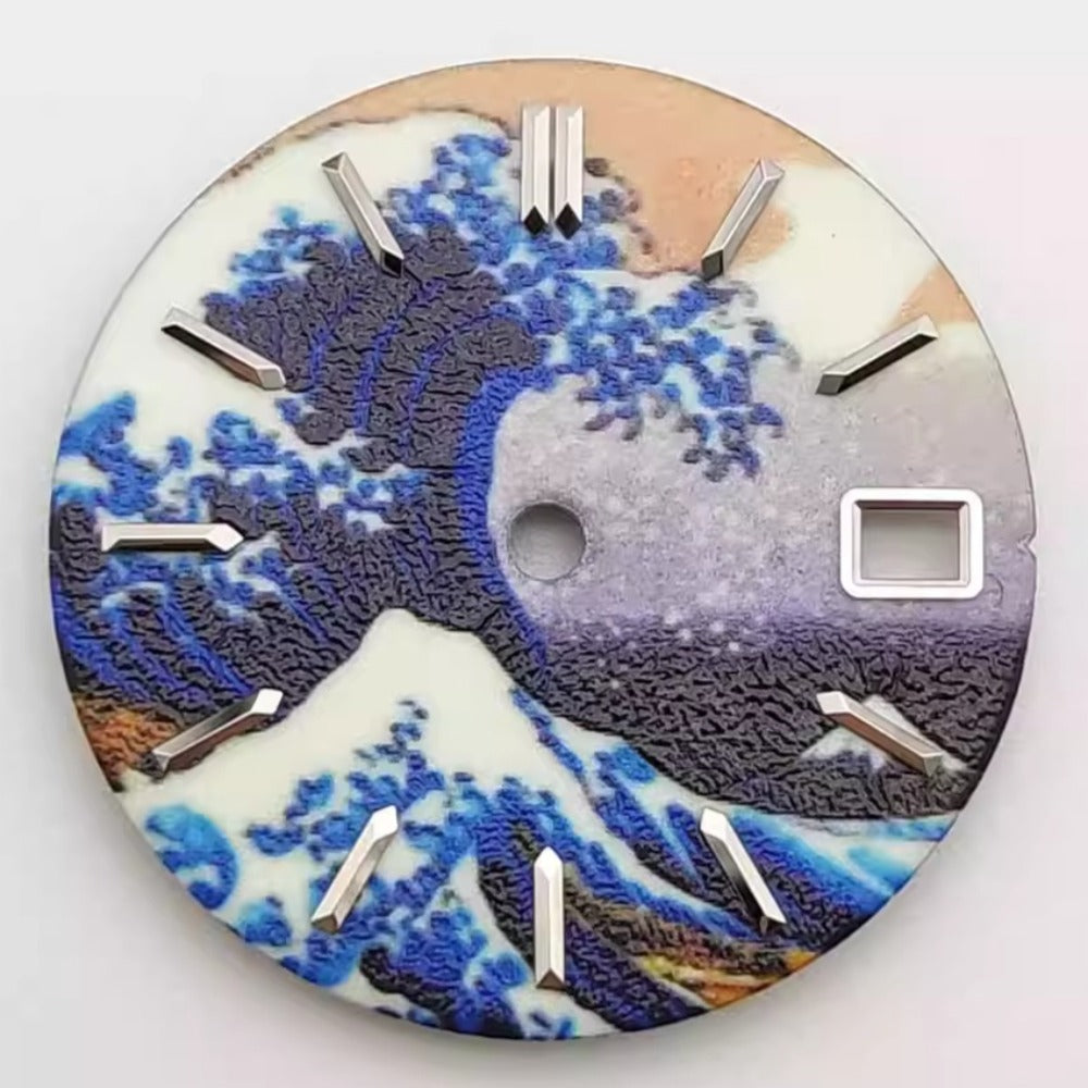 Blue Japanese landscape wave lume watch dial 28.5mm for NH35 movement, Long Nail brand accessory