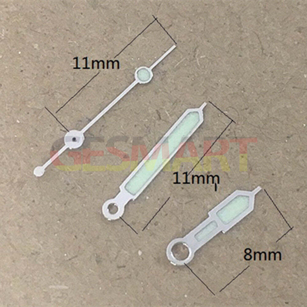 Aiguilles de montre pointues luminescentes vertes argentées de 11 mm pour mouvement à quartz Miyota 6M12