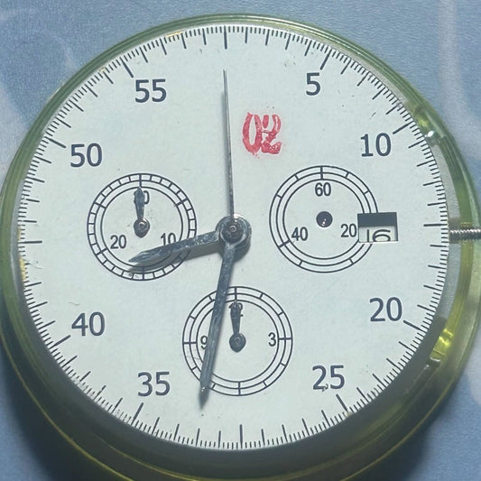 Dandong 7750 mechanical watch movement with small seconds at 6 and 9, date at 3, precision timing.