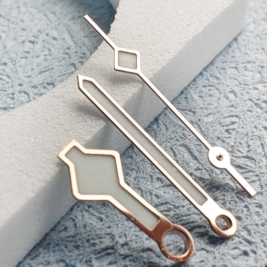 Rose gold trim C3 BGW-9 blue lume watch hands for NH34 NH35 movements, stylish and luminous.