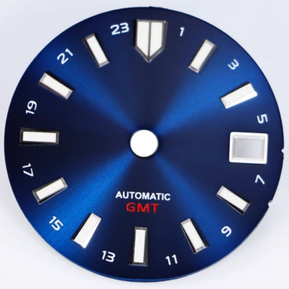 Solid blue 28.5mm MOP seashell watch dial for NH34 GMT movement, vibrant and elegant.