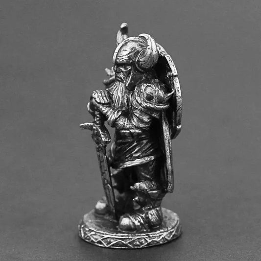 Viking Swordsman bronze figurine with silver and copper finish, vintage hand-carved collectible accessory.