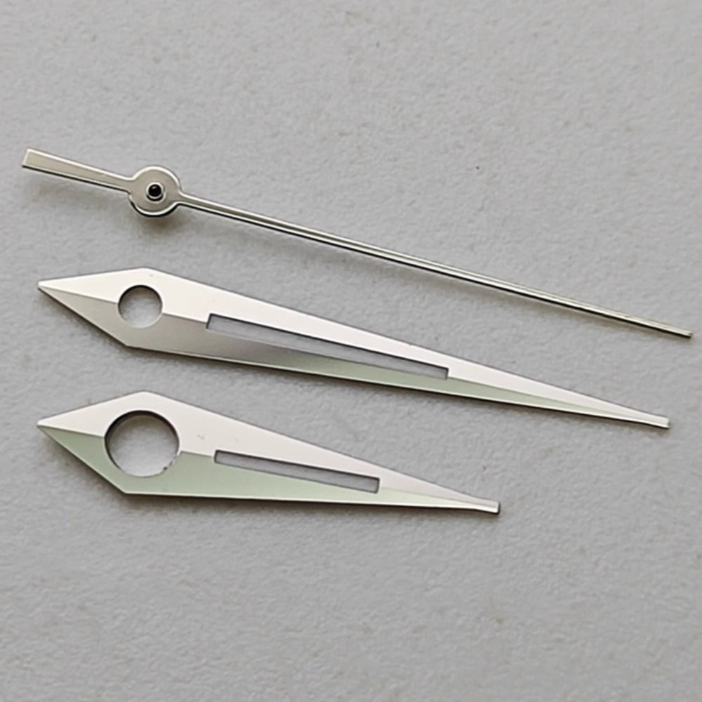 Silver arrow-shaped lume watch hands set for NH34 NH35 NH36 movements, 8x12x12.5mm precision.