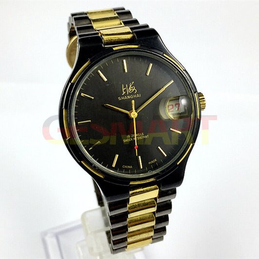 37mm Shanghai Factory black manual mechanical watch with 19 jewels, shock-resistant design for durability.