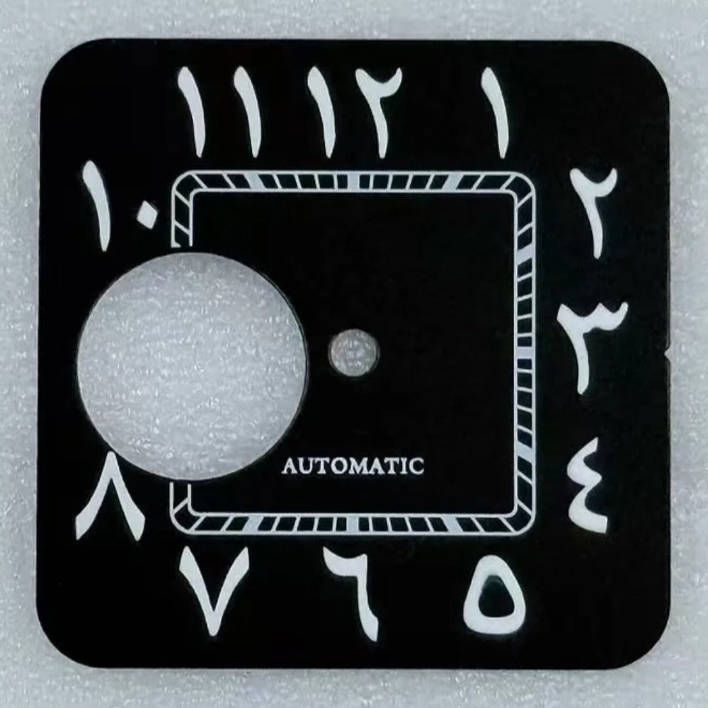 27mm Black Sunburst Hollow Arabic Green Lume Square Dial for NH70/NH38 Movement