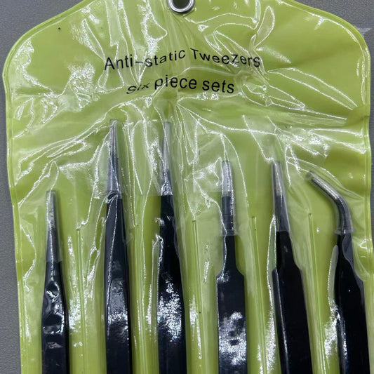 Set of 6 anti-static stainless steel black plating tweezers in PVC bag for watch and jewelry repair.