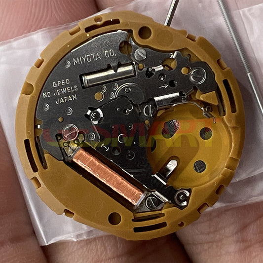 Miyota GP50 Japan quartz movement close-up showcasing precision watch mechanism for accessories.