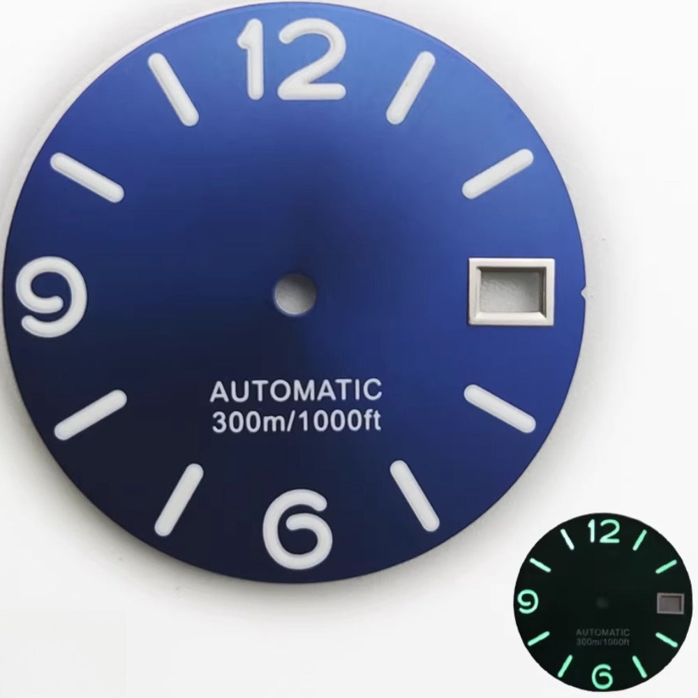 28.5mm blue watch dial with white font, green lume, fits NH35 NH36, 300m water resistance