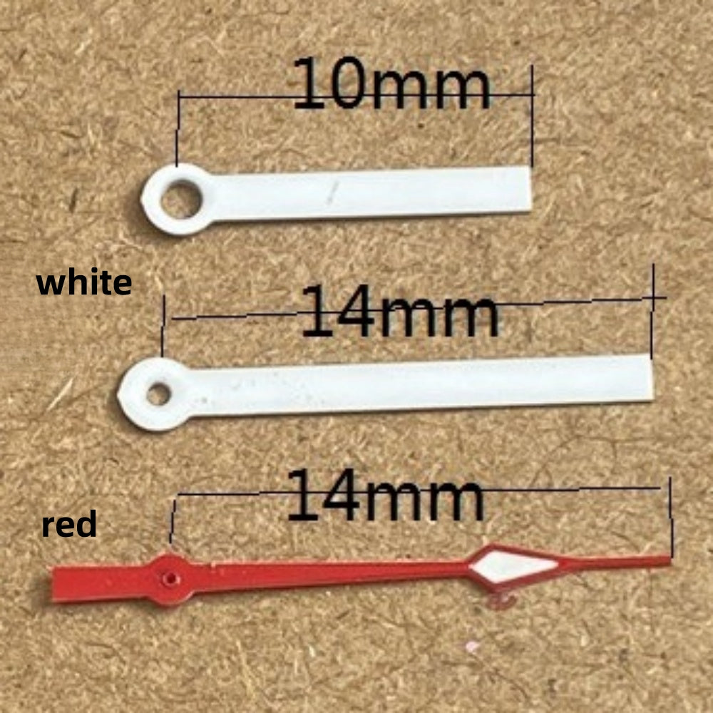 Red second and white painted hour and minute hands set for Ronda 515 quartz watches, 14x14x10mm.