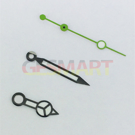 Green lume watch hands with black trim for ETA2836/2846/2824/2846 movements, perfect for vintage watch restoration.