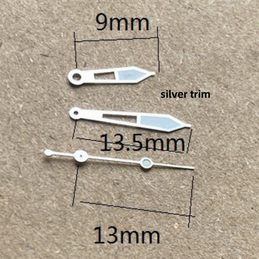 Hollow silver trim watch hands with 13.5mm green lume for Ronda 515 quartz movement