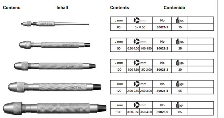 Bergeon 30026-A set of 5 hardened steel pin vices in wooden box for precise watch repair tasks.