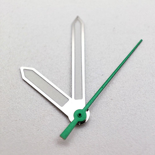 Silver trim green luminous watch hands for NH35A/NH36A/4R36 movement, perfect for precise timekeeping.