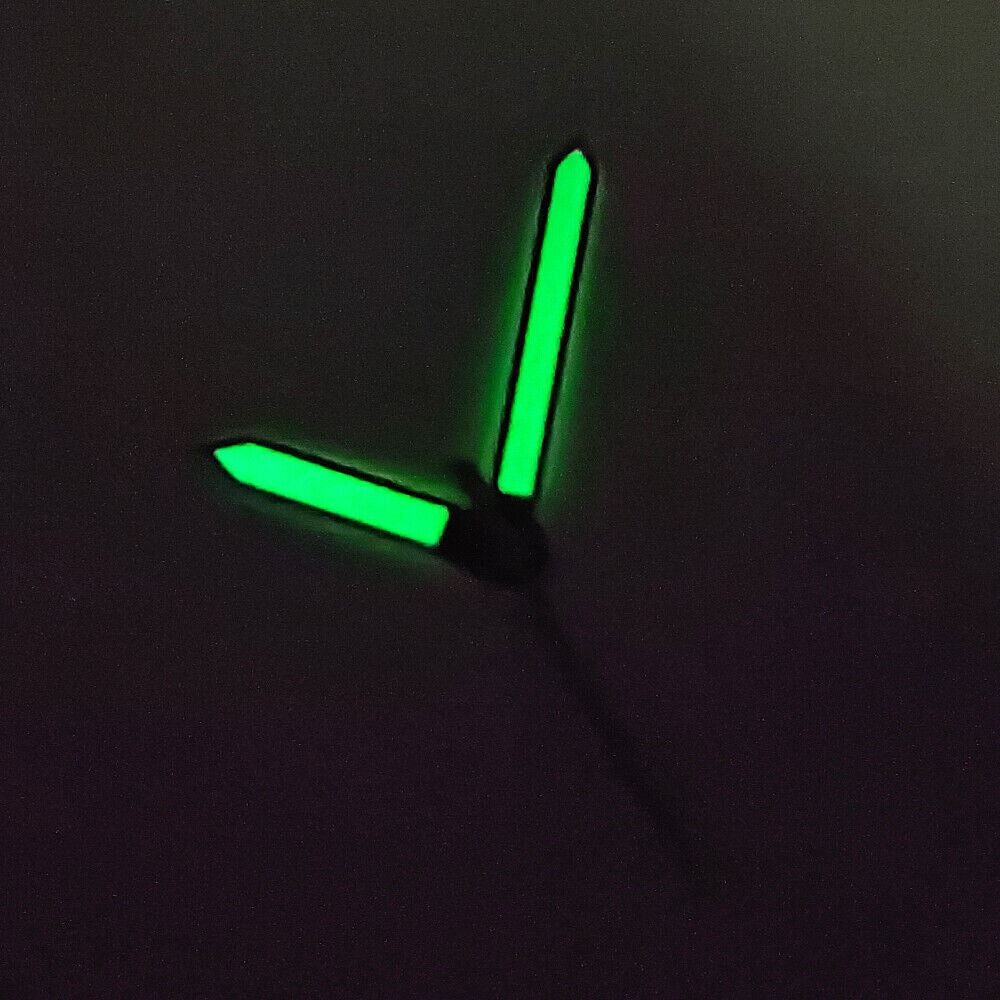 Silver trim green luminous watch hands for NH35A/NH36A/4R36 movement, enhancing visibility and precision.