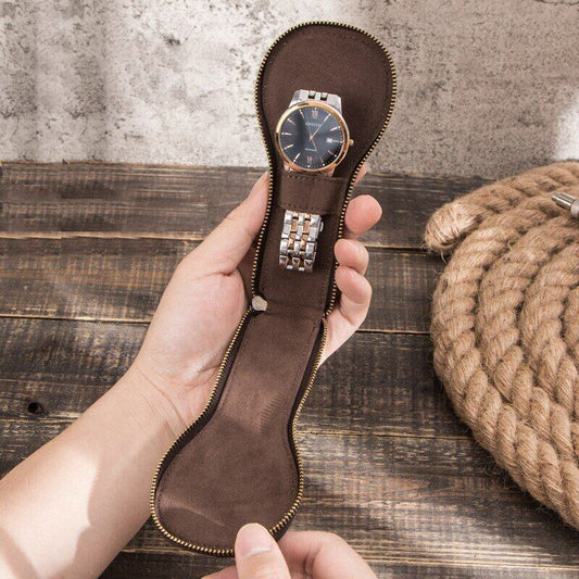 Luxury 1-slot leather watch box pouch with zipper, portable organizer for travel and storage.