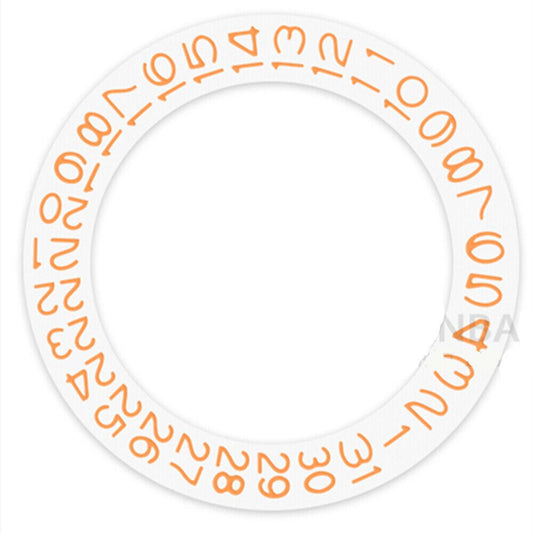 Orange date wheel with character disk for Miyota NH35 NH36 watches, clear date at 3 o'clock, white background.