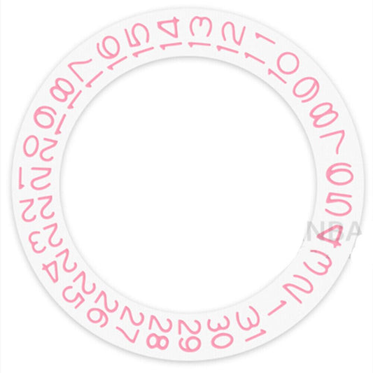 Pink character date wheel for Miyota NH35 NH36 watches, disk at 3 o'clock, white background, brand-enhanced.