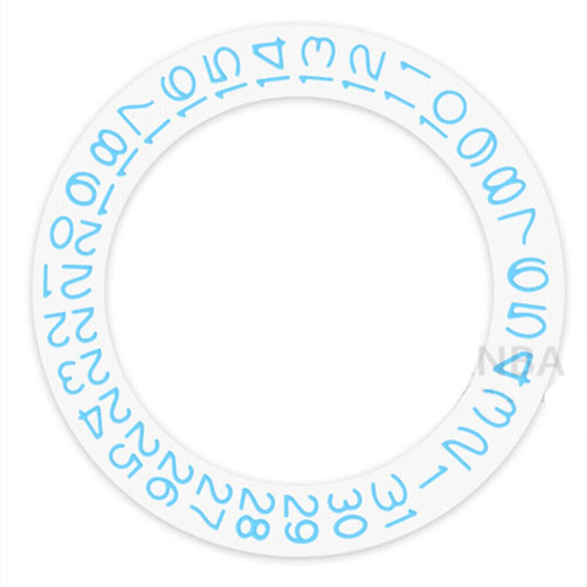 Sky blue character disk date wheel for Miyota NH35 NH36 watch movement, white background, brand compatible.