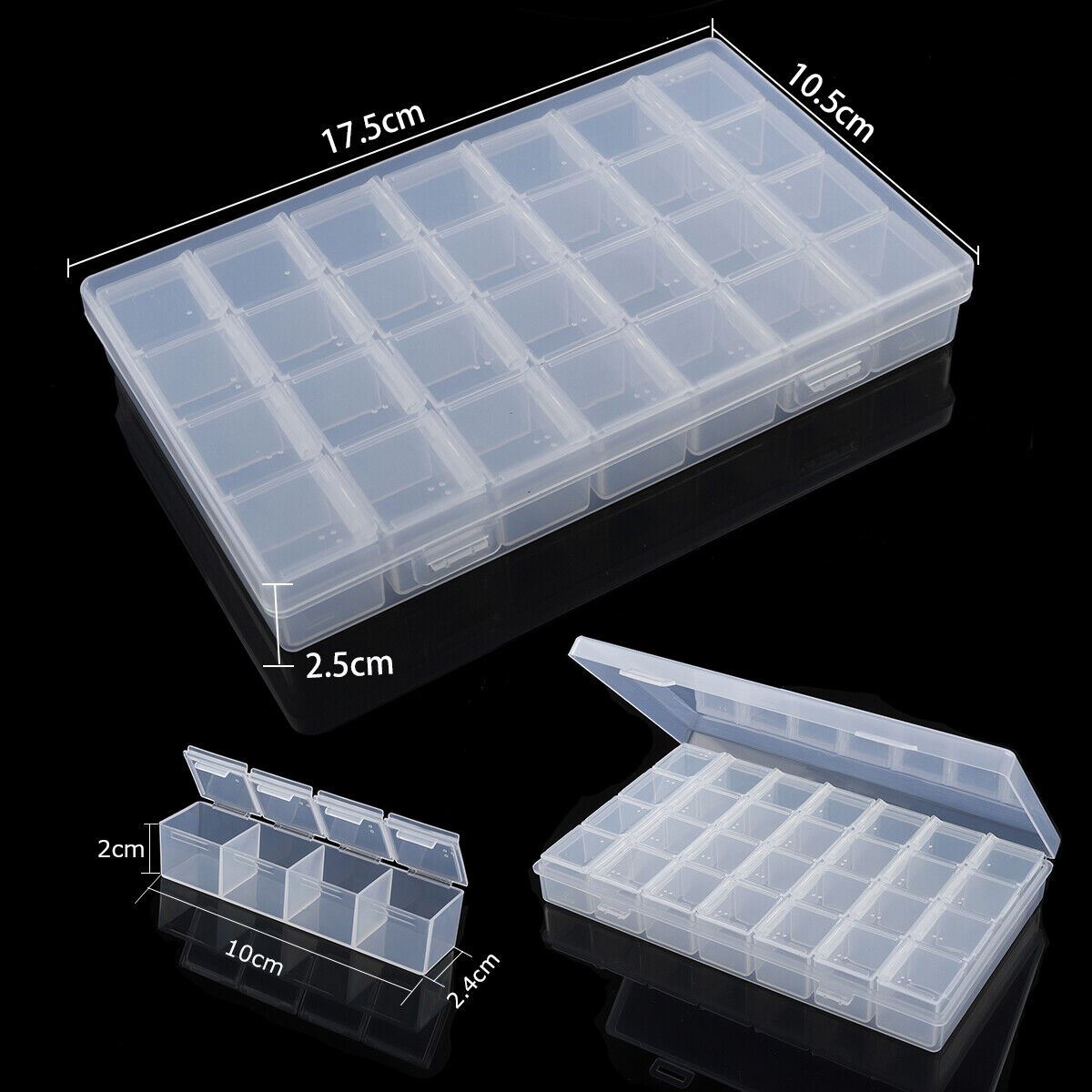 Set of 5 transparent plastic storage containers with 28 individual grids for organizing small items.