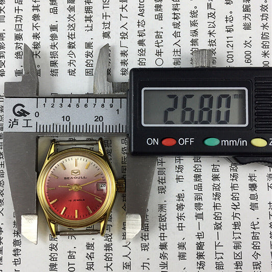 Seagull Manual Mechanical Lady Watch with gradient red dial, golden nails, single calendar display