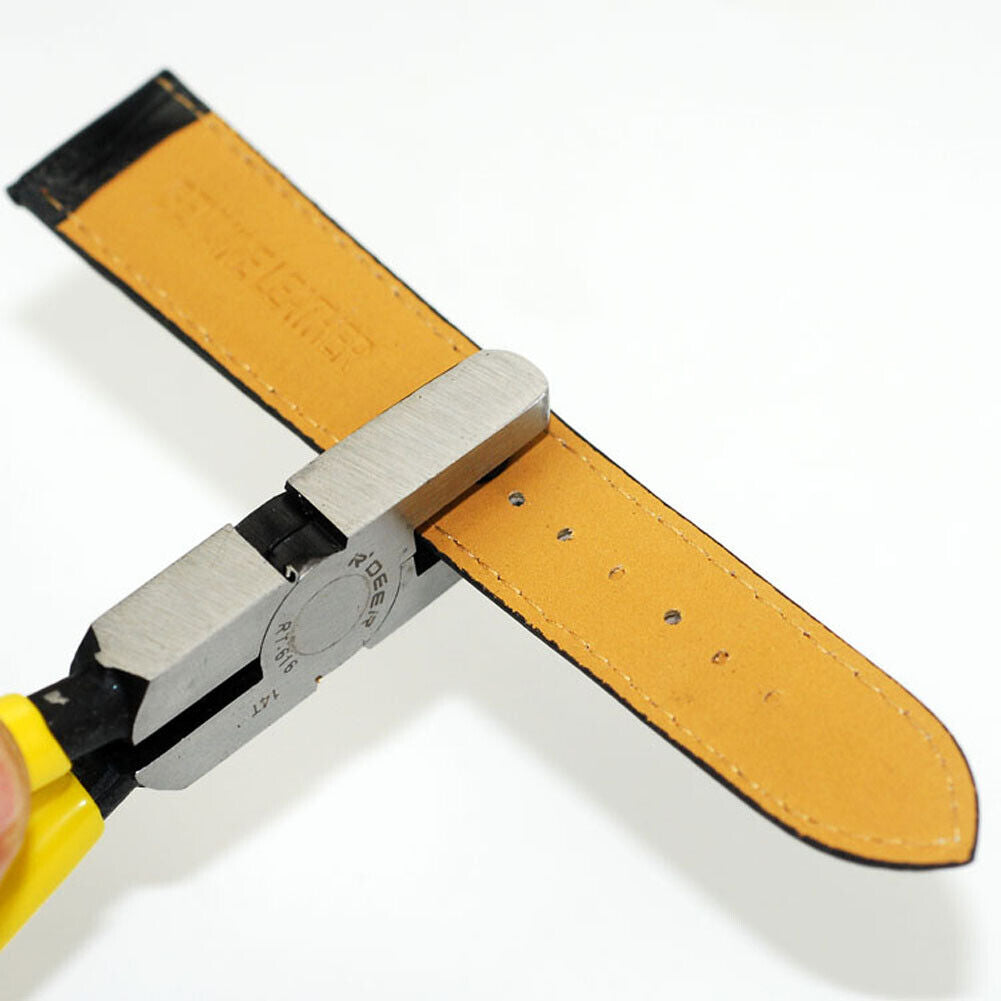 RT616 punch pliers for precise 2mm holes in watch belt tag tape during watch repair.