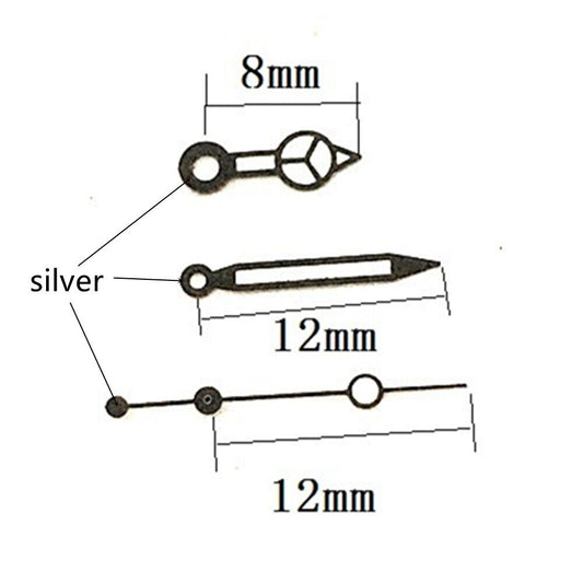 Watch hands with black trim and lume, 12mm length, compatible with Seagull ST6 automatic mechanical movements.