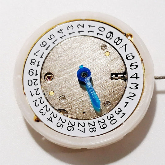 Chinese Hangzhou 2350 mechanical watch movement with 3 hands, golden carved design, single date display.