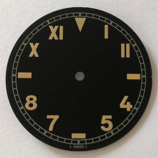 39mm black-green luminous watch dial for ETA 6497/6498 movement, ideal for precise timekeeping.