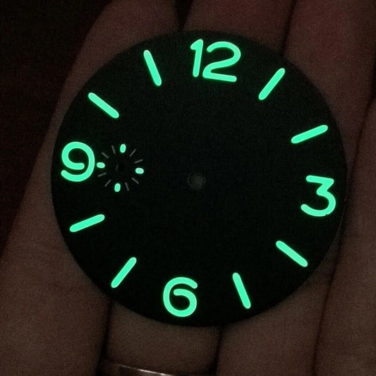 39mm green luminous watch dial with numeral markers for ETA 6497/6498 movement.