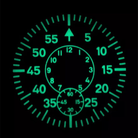 Two Circles Pilot Vintage Green Lume watch dial with detailed markings for ETA 6498/ST3621 movements.