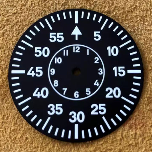 38.9mm Pilot watch dial with green lume, 2-circle design for ETA 6498/ST3621 movements.