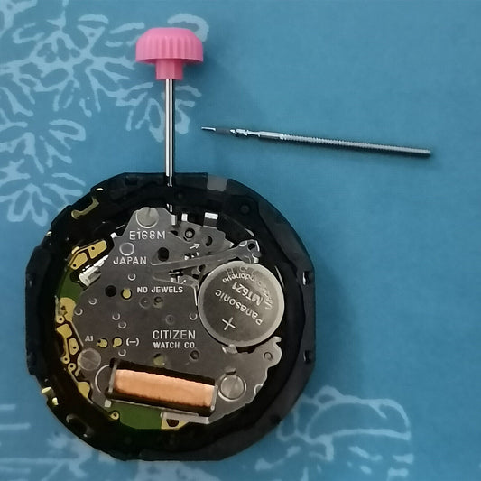 Citizen E168M Eco-Drive quartz watch movement with 3 hands, date at 3, solar-powered from Japan.