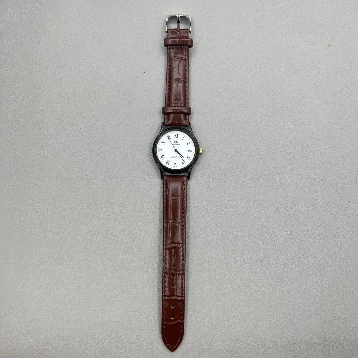 37mm Shanghai Brown Leather Strap Manual Mechanical Watch Roman Numerals 17 Jews
