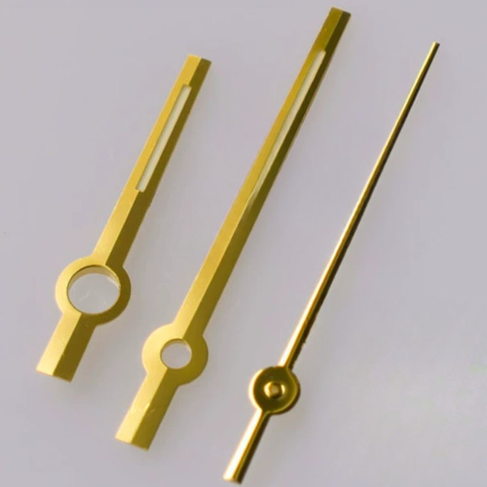 Golden trim green lume watch hands for ETA2824 movement, precise fit, enhancing visibility and style.